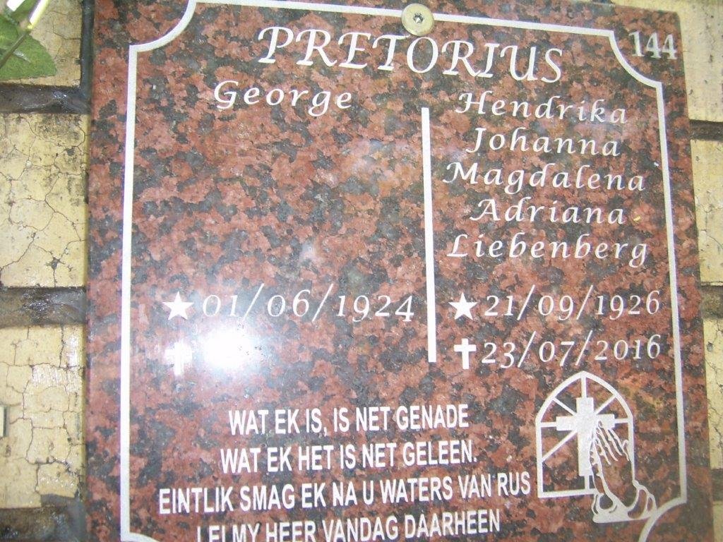 PRETORIUS George 1924- &amp; Hendrika Johanna Magdalena Adriana LIEBENBERG 1926-2016
