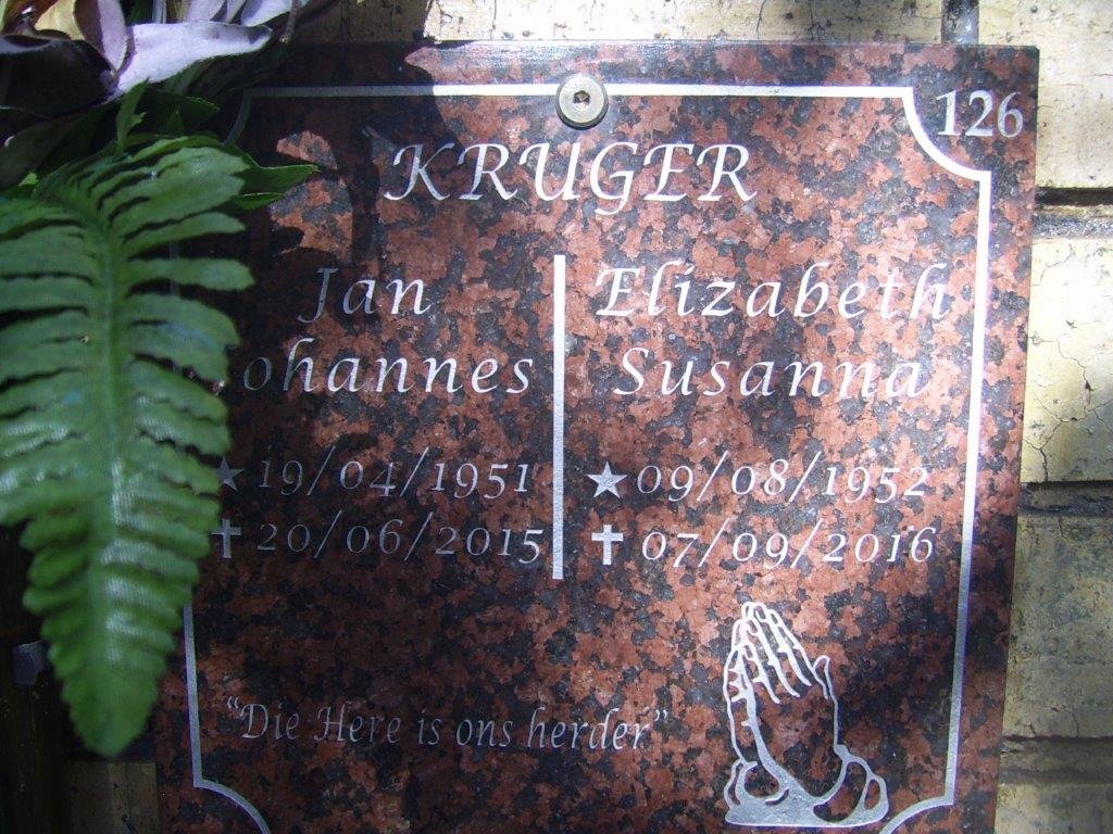 KRUGER Jan Johannes 1951-2015 &amp; Elizabeth Susanna 1952-2016