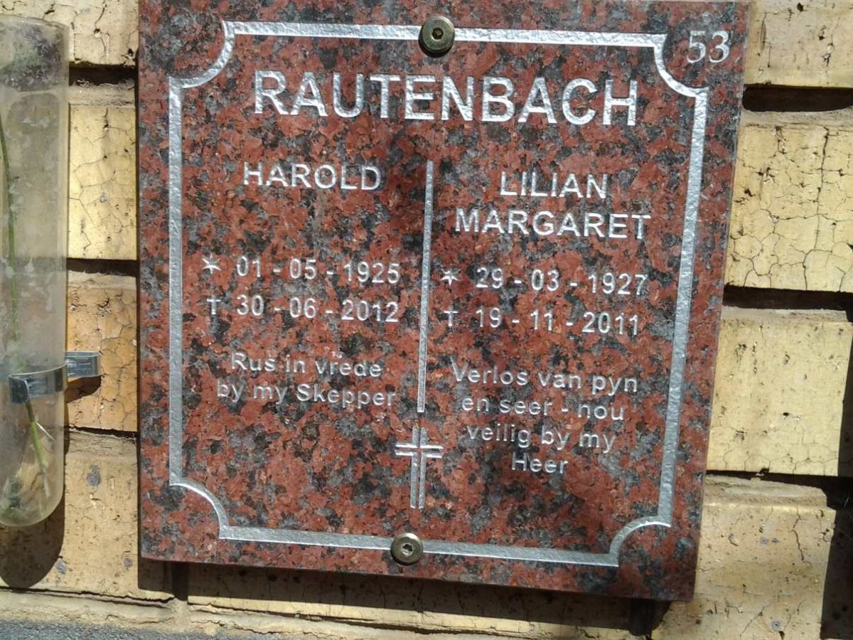 RAUTENBACH Harold 1925-2012 &amp; Lilian Margaret 1927-2011
