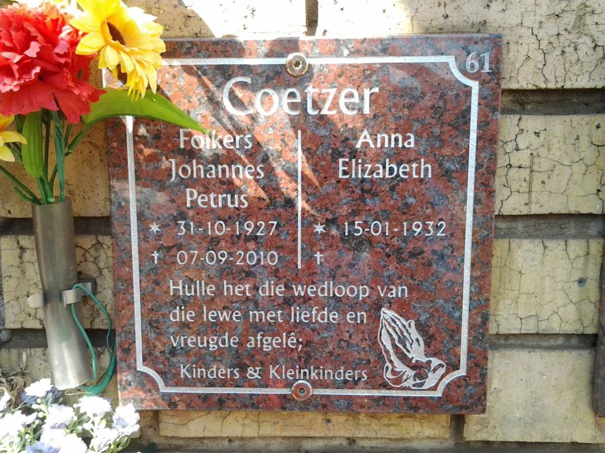 COETZER Folkers Johannes Petrus 1927-2010 &amp; Anna Elizabeth 1932-