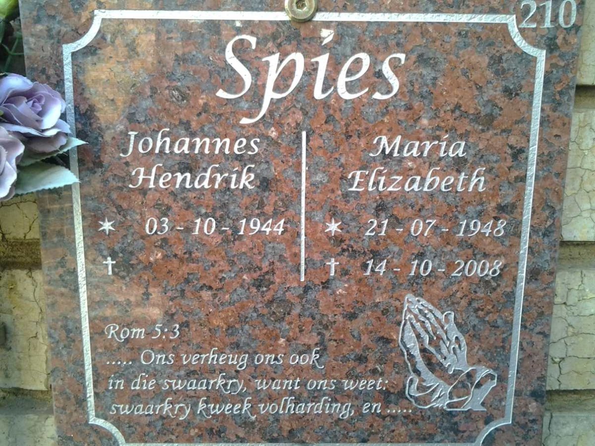 SPIES Johannes Hendrik 1944- &amp; Maria Elizabeth 1948-2008