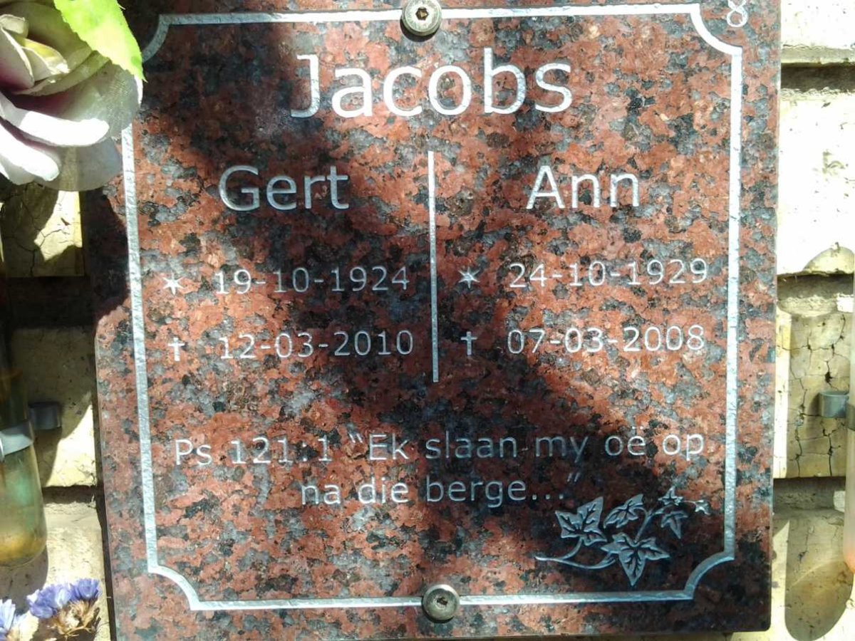 JACOBS Gert 1924-2010 &amp; Ann 1929-2008