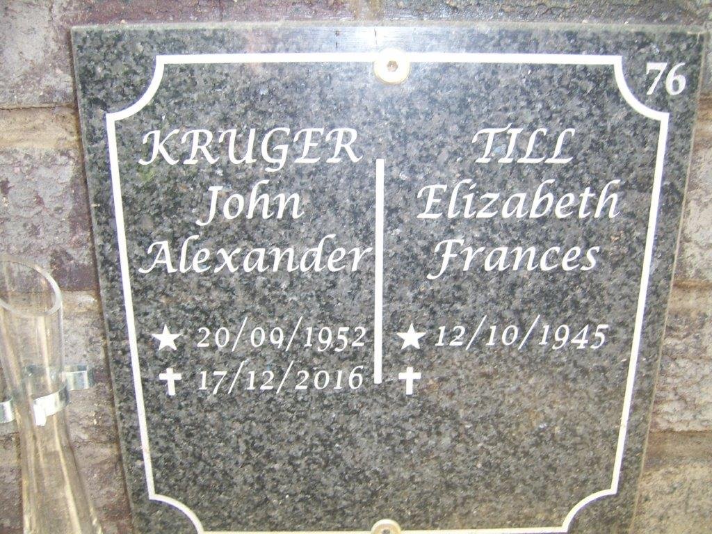KRUGER John Alexander 1952-2016 :: TILL Elizabeth Frances 1945-