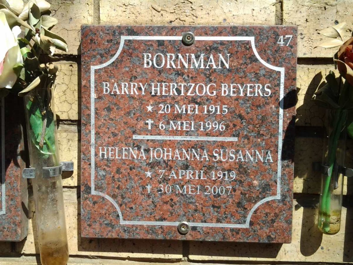 BORNMAN Barry Hertzog Beyers 1915-1996 &amp; Helena Johanna Susanna 1919-2007