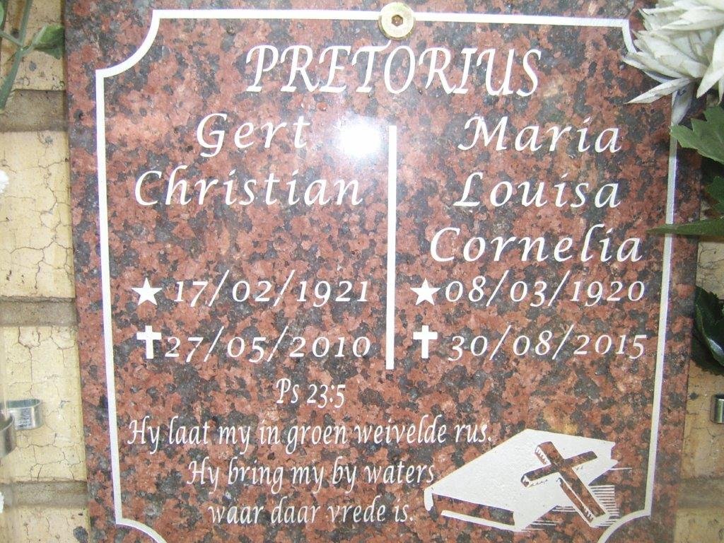 PRETORIUS Gert Christian 1921-2010 &amp; Maria Louisa Cornelia 1920-2015