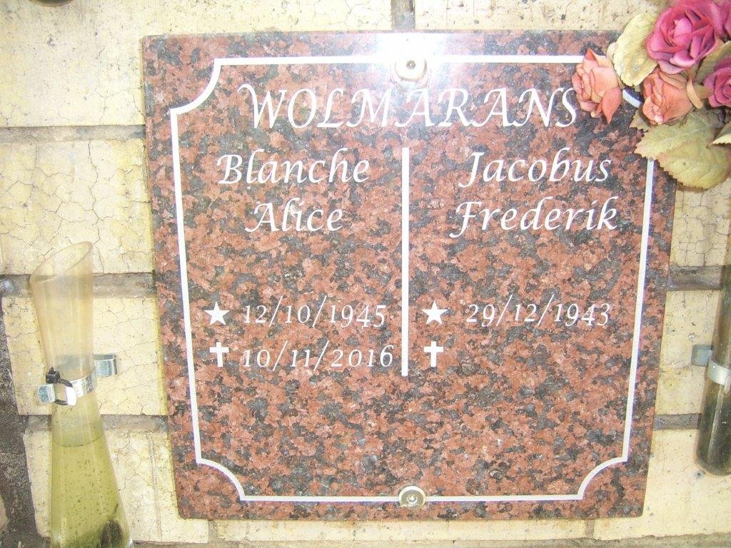 WOLMARANS Jacobus Frederik 1943- &amp; Blanche Alice 1945-2016