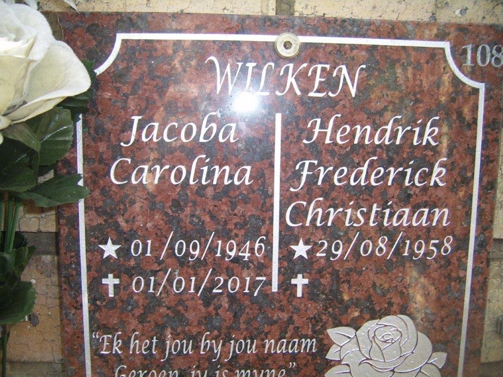 WILKEN Hendrik Frederick Christiaan 1958- &amp; Jacoba Carolina 1946-2017