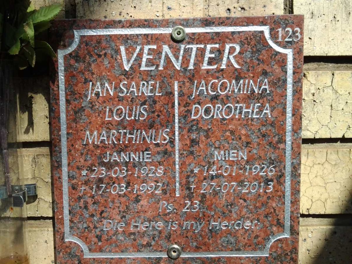 VENTER Jan Sarel Louis Marthinus 1928-1992 &amp; Jacomina Dorothea 1926-2013