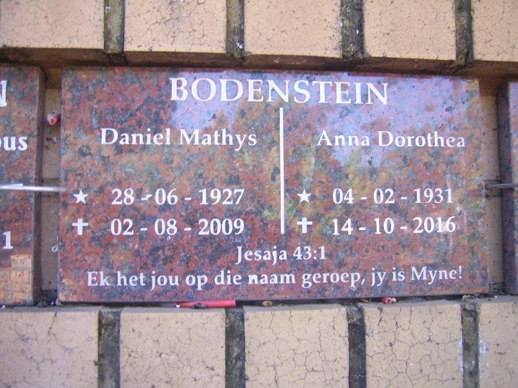 BODENSTEIN Daniel Mathys 1927-2009 &amp; Anna Dorothea 1931-2016