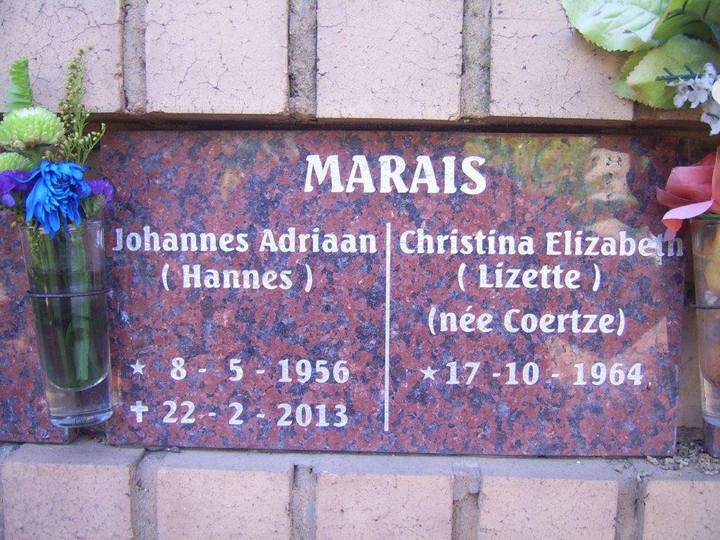 MARAIS Johannes Adriaan 1956-2013 &amp; Christina Elizabeth COERTZE 1964-