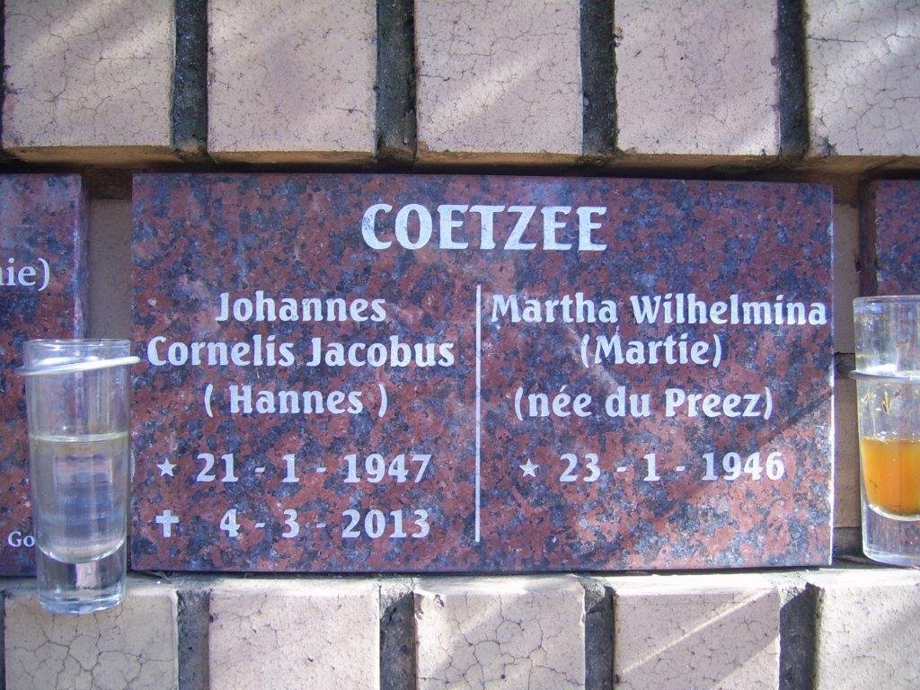 COETZEE Johannes Cornelis Jacobus 1947-2013 &amp; Martha Wilhelmina DU PREEZ 1946-