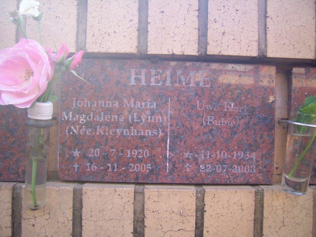 HEIME Uwe Karl 1934-2003 &amp; Johanna Maria Magdalena KLEYNHANS 1920-2005