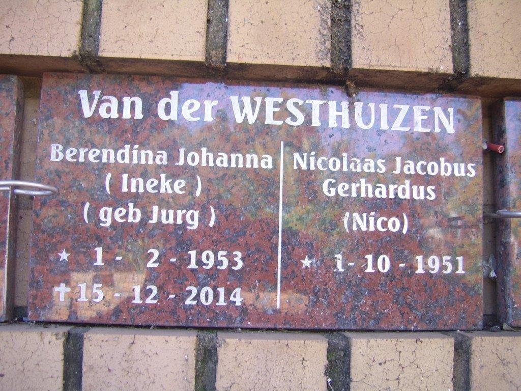 WESTHUIZEN Nicolaas Jacobus Gerhardus, van der 1951- &amp; Berendina Johanna JURG 1953-2014