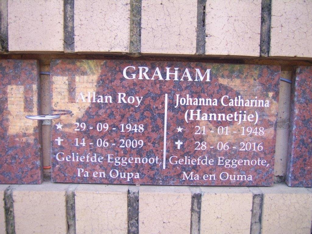GRAHAM Allan Roy 1948-2009 &amp; Johanna Catharina 1948-2016