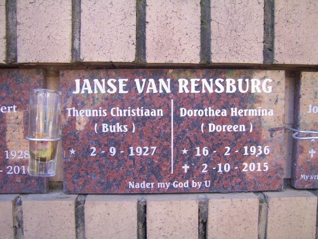 RENSBURG Theunis Christiaan, Janse van 1927- &amp; Dorothea Hermina 1936-2015
