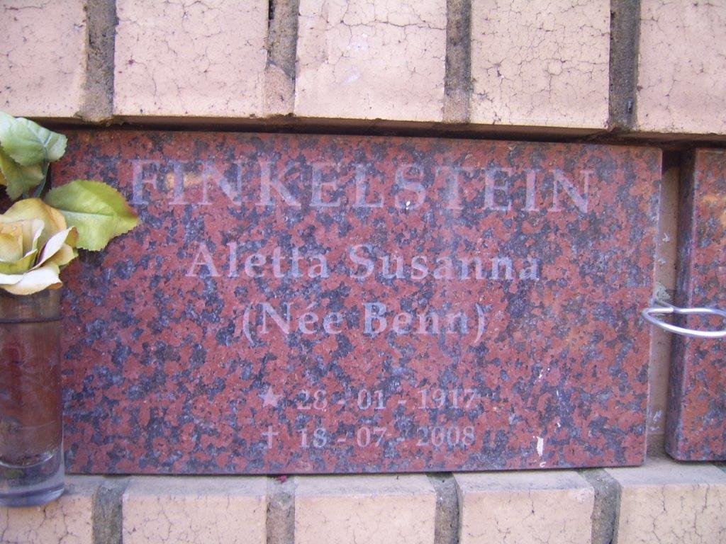 FINKELSTEIN Aletta Susanna nee BENN 1917-2008