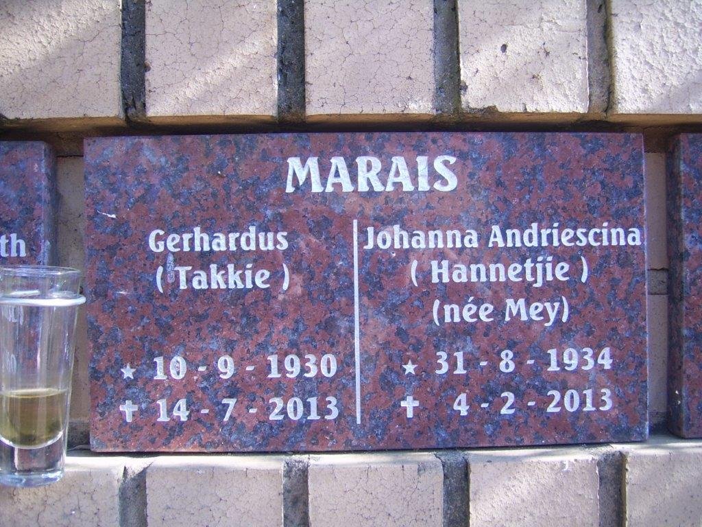 MARAIS Gerhardus 1930-2013 &amp; Johanna Andriescina MEY 1934-2013