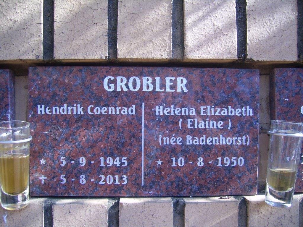 GROBLER Hendrik Coenrad 1945-2013 &amp; Helena Elizabeth BADENHORST 1950-