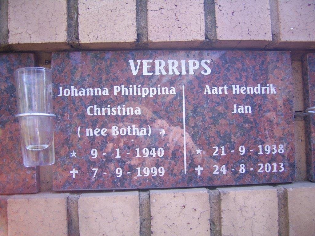 VERRIPS Aart Hendrik Jan 1938-2013 &amp; Johanna Philippina Christina BOTHA 1940-1999