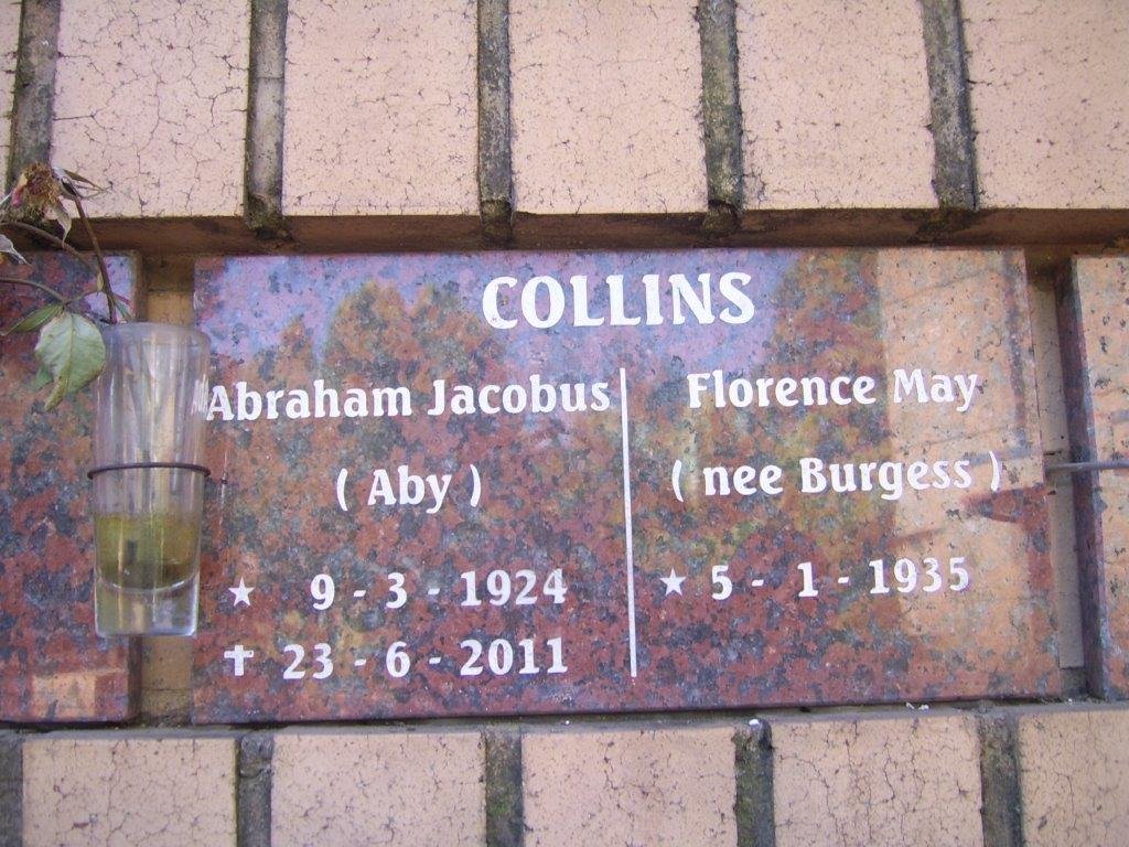 COLLINS Abraham Jacobus 1924-2011 &amp; Florence May BURGESS 1935-