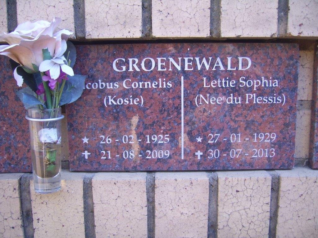 GROENEWALD Jacobus Cornelis 1925-2009 &amp; Lettie Sophia DU PLESSIS 1929-2013