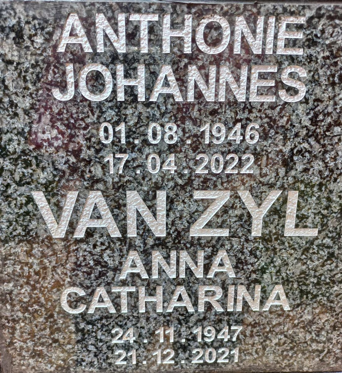 ZYL Anthonie Johannes, van 1946-2022 &amp; Anna Catharina 1947-2021