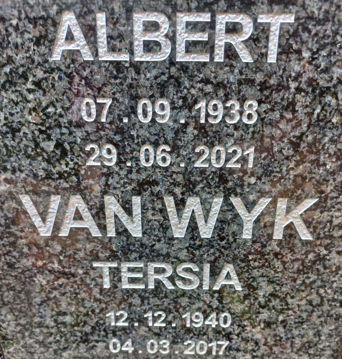 WYK Albert, van 1938-2021 &amp; Tersia 1940-2017