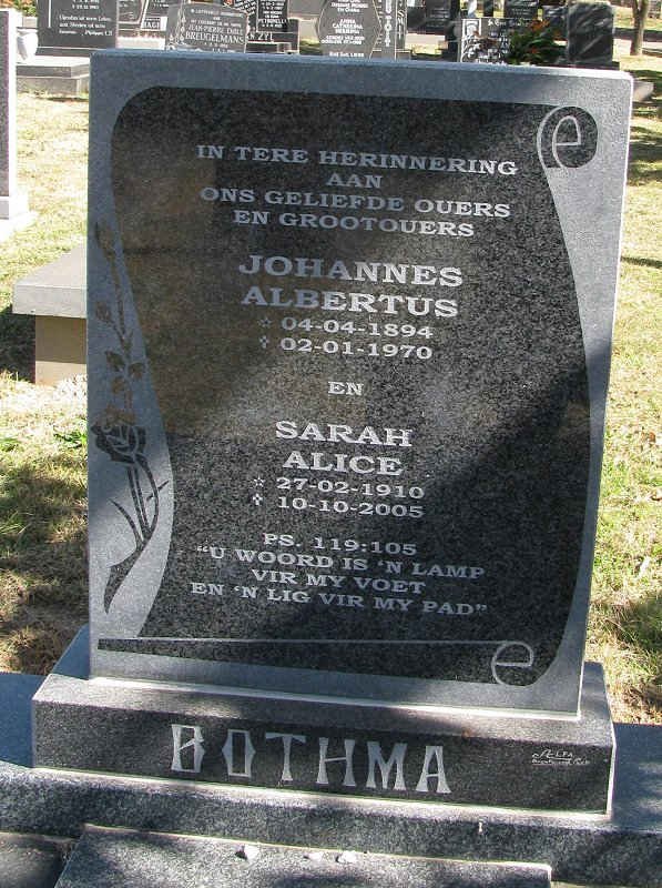 BOTHMA Johannes Albertus 1894-1970 &amp; Sara Alice 1910-2005