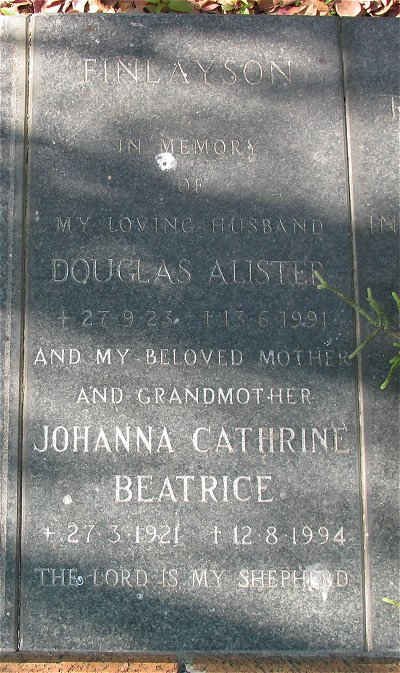 FINLAYSON Douglas Alister 1923-1991 &amp; Johanna Cathrine Beatrice 1921-1994