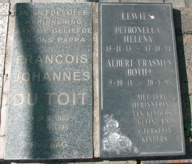 TOIT Francois Johannes, du 1960-1995 :: LEWIS Albert Erasmus botha 1911-1995 &amp; Petronella Helena 1913-1994