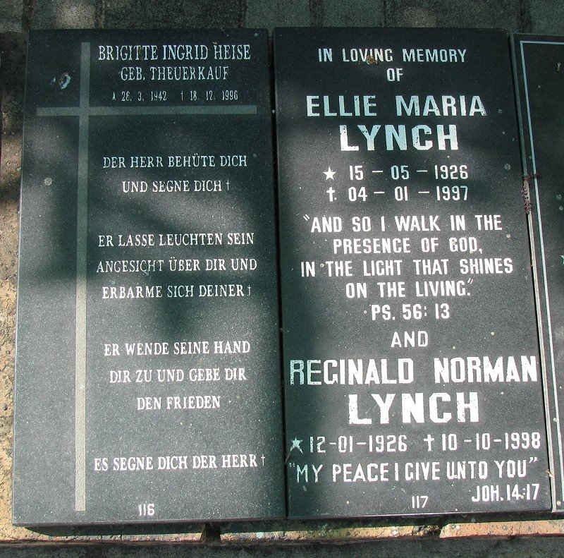 HEISE Brigitte Ingrid nee THEUERKAUF 1942-1996 :: LYNCH Reginald Norman 1926-1998 &amp; Ellie Maria 1926-1997
