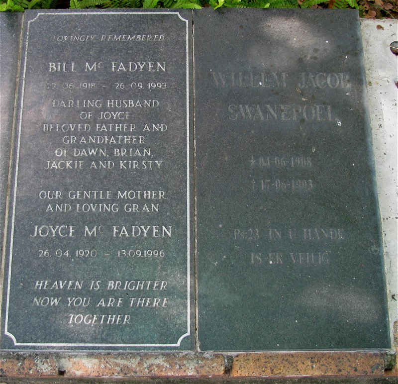 Mc FADYEN Bill 1918-1993 &amp; Joyce 1920-1996 :: SWANEPOEL Willem Jacob 1908-1993
