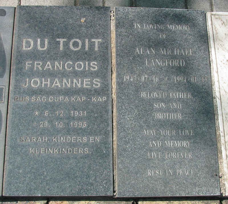 TOIT Francois Johannes, du 1931-1995 :: LANGFORD Alan Michael 1947-1994