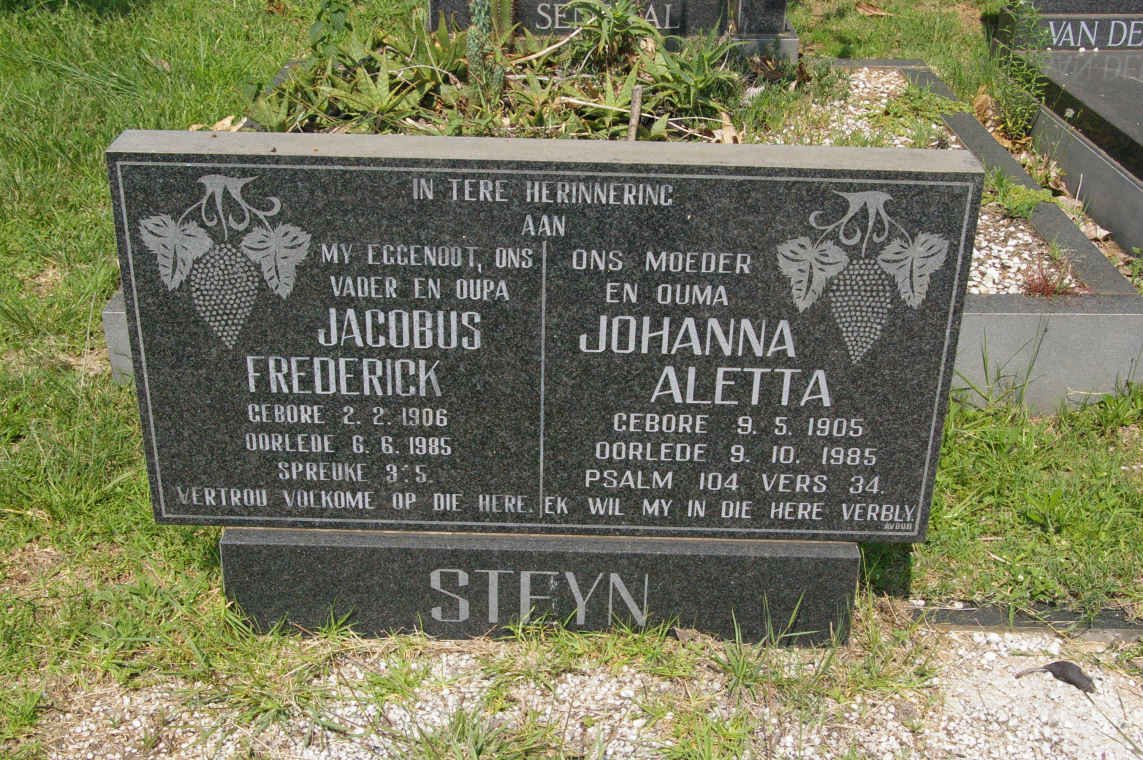 STEYN Jacobus Frederick 1906-1985 &amp; Johanna Aletta 1905-1985