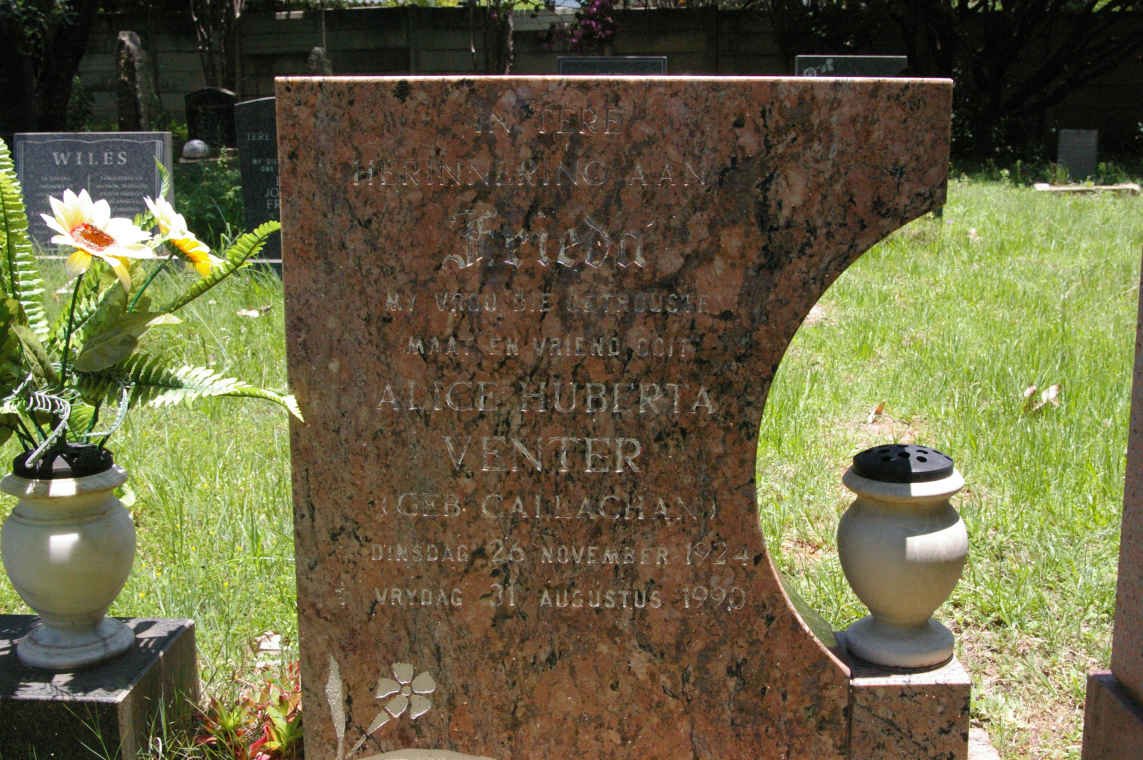 VENTER Alice Huberta nee CALLACHAN 1924-1990