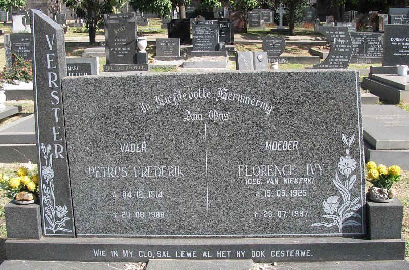 VERSTER Petrus Frederik 1914-1988 &amp; Florence Ivy VAN NIEKERK 1925-1987
