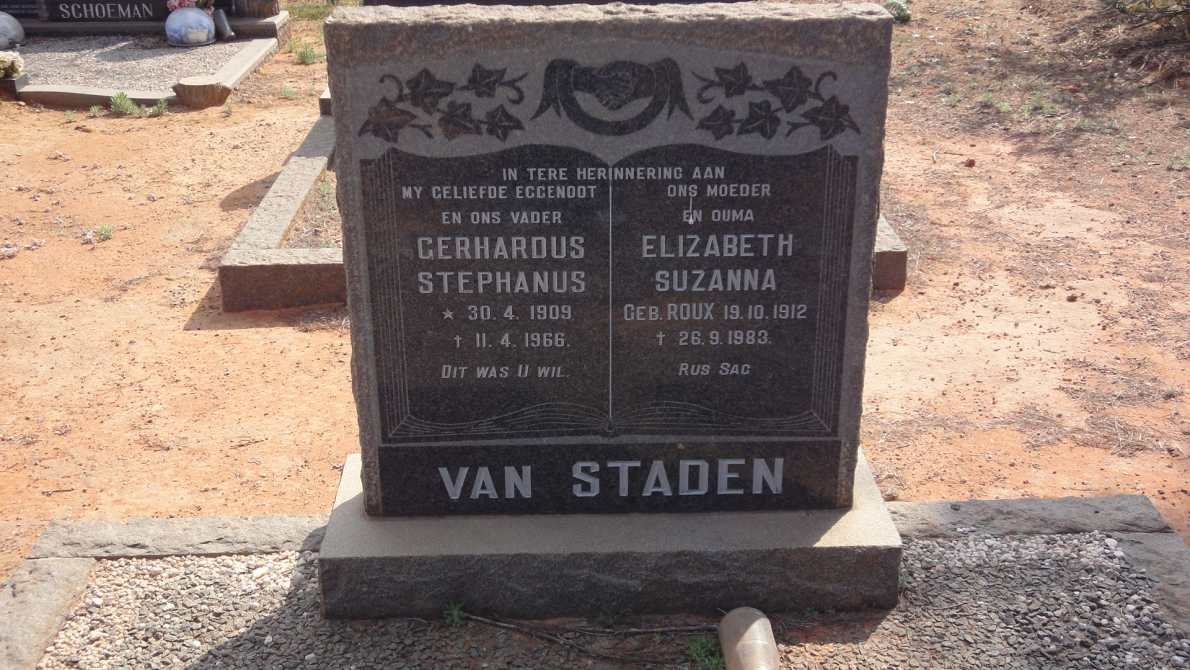 STADEN Gerhardus Stephanus,van 1909-1966 &amp; Elizabeth Suzanna ROUX 1912-1983
