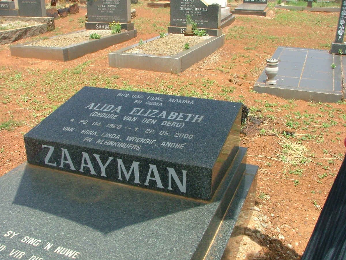 ZAAYMAN Alida Elizabeth nee VAN DEN BERG 1920-2000