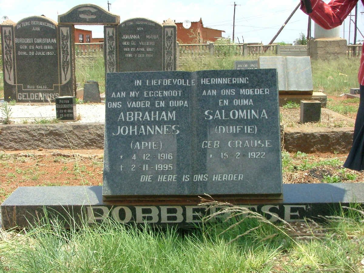 ROBBERTSE Abraham Johannes 1916-1995 &amp; Salomia CRAUSE 1922-