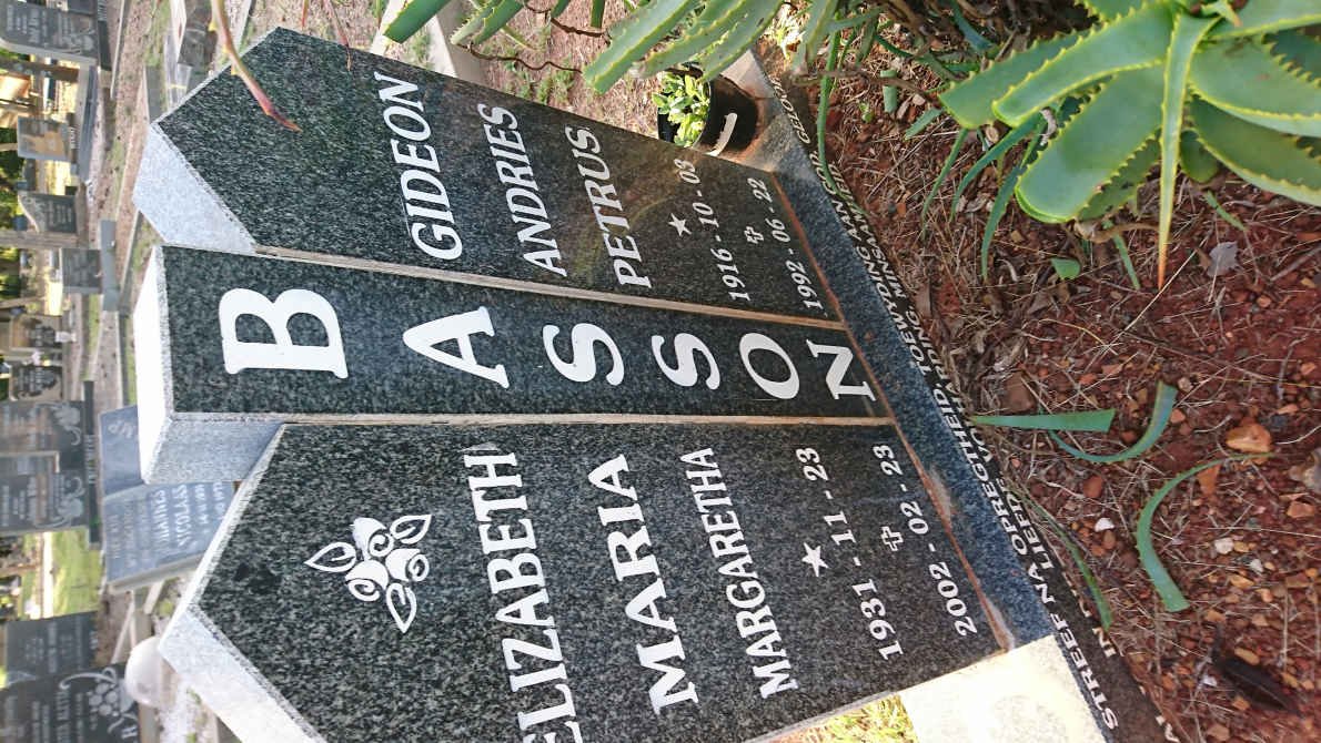 BASSON Gideon Andries Petrus 1916-1992 &amp; Elizabeth Maria Margaretha 1931-2002