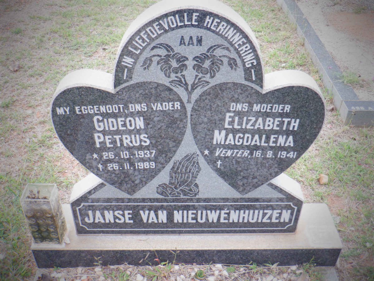 NIEUWENHUIZEN Gideon Petrus, Janse van 1937-1989 &amp; Elizabeth Magdalena VENTER 1941-
