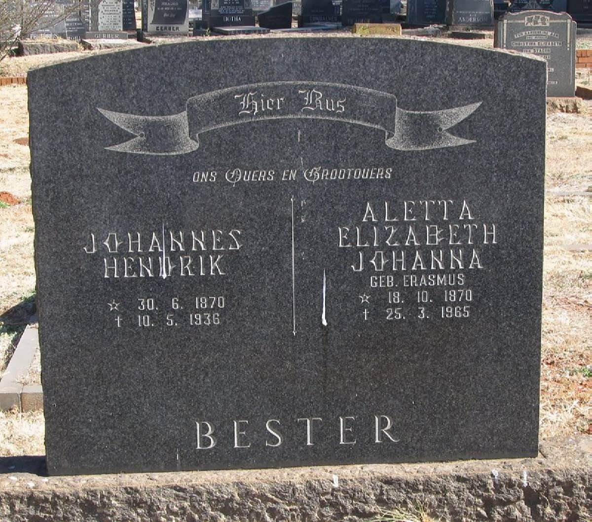 BESTER Johannes Hendrik 1870-1936 &amp; Aletta Elizabeth Johanna ERASMUS 1870-1965