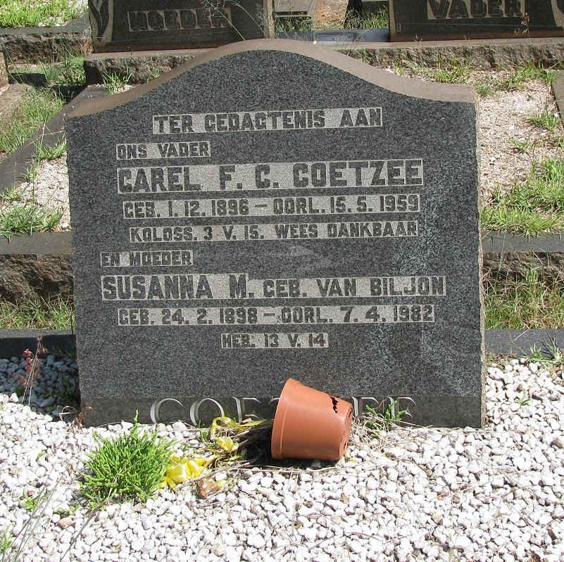 COETZEE Carel F.C. 1896-1959 &amp; Susanna M. VAN BILJON 1898-1982