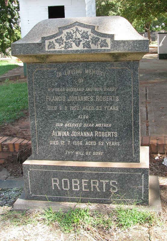 ROBERTS Francis Johannes -1952 &amp; Alwina Johanna -1956