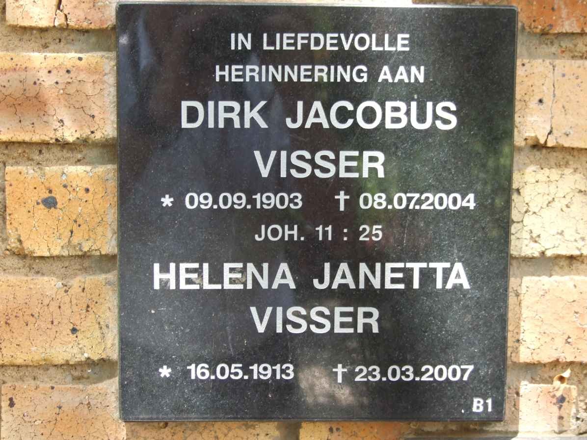 VISSER Dirk Jacobus 1903-2004 &amp; Helena Janetta 1913-2007