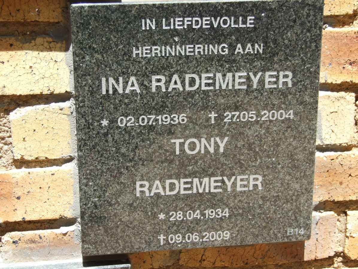 RADEMEYER Tony 1934-2009 &amp; Ina 1936-2004