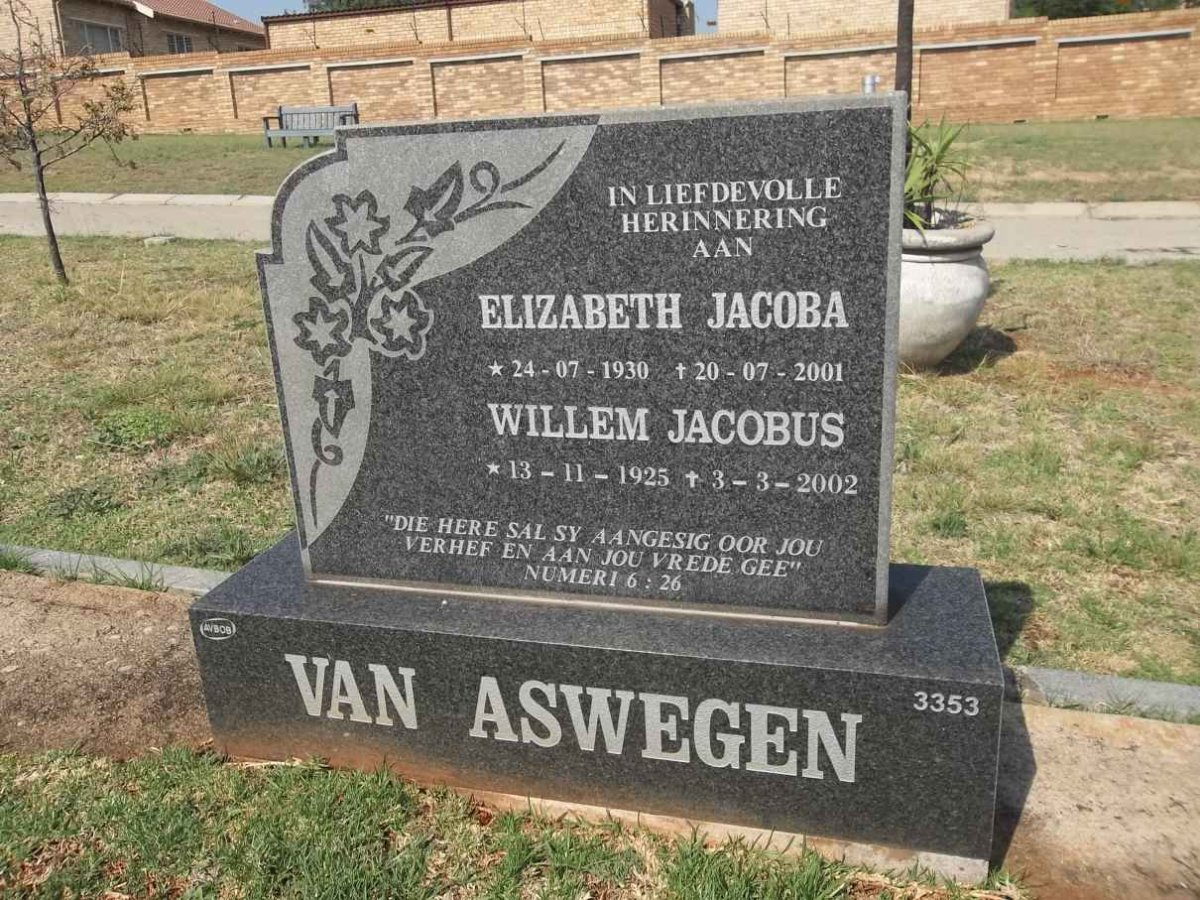 ASWEGEN Willem Jacobus, van 1925-2002 &amp; Elizabeth Jacoba 1930-2001