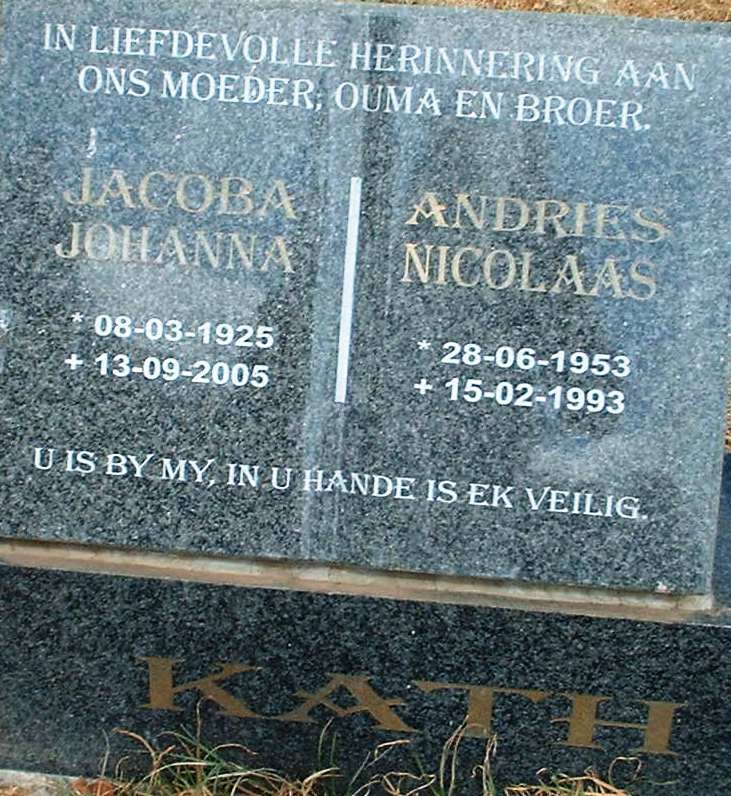 KATH Jacoba Johanna 1925-2005 :: KATH Andries Nicolaas 1953-1993