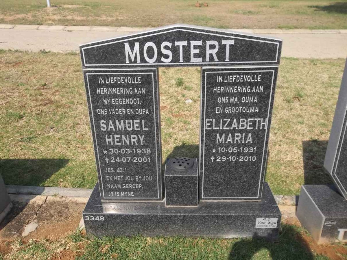MOSTERT Samuel Henry 1938-2001 &amp; Elizabeth Maria 1931-2010