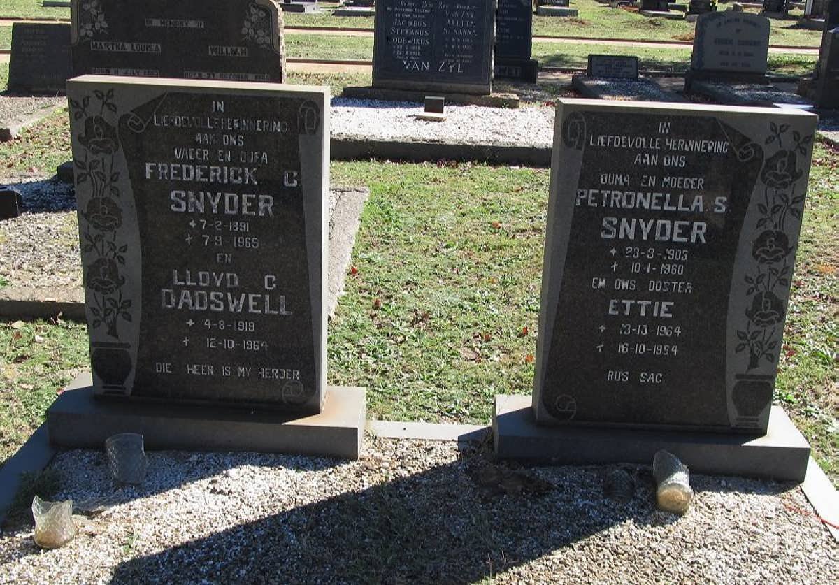 SNYDER Frederick C. 1891-1969 &amp; Petronella S. 1903-1960 :: DADSWELL 1919-1964? ::  SNYDER Ettie 1964-1964